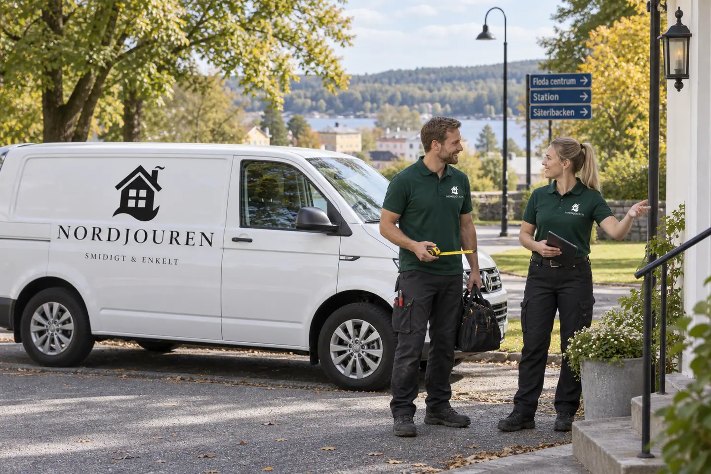 Illustration: Nordjourens bil och personal i Floda, gatumiljö utanför säteribacken i floda