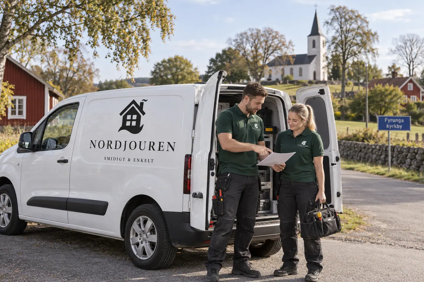 Illustration: Nordjourens bil och personal i Fyrunga, fyrunga kyrkbys vägkorsning