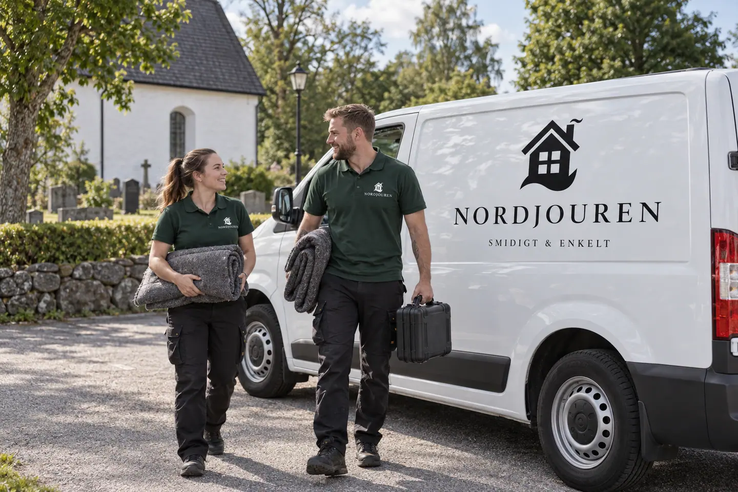 Illustration: Nordjourens bil och personal i Glanshammar, gata utanför glanshammars kyrka