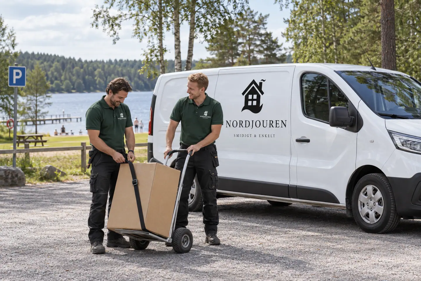 Illustration: Nordjourens bil och personal i Hindås, yttre parkering nära västra nedsjön