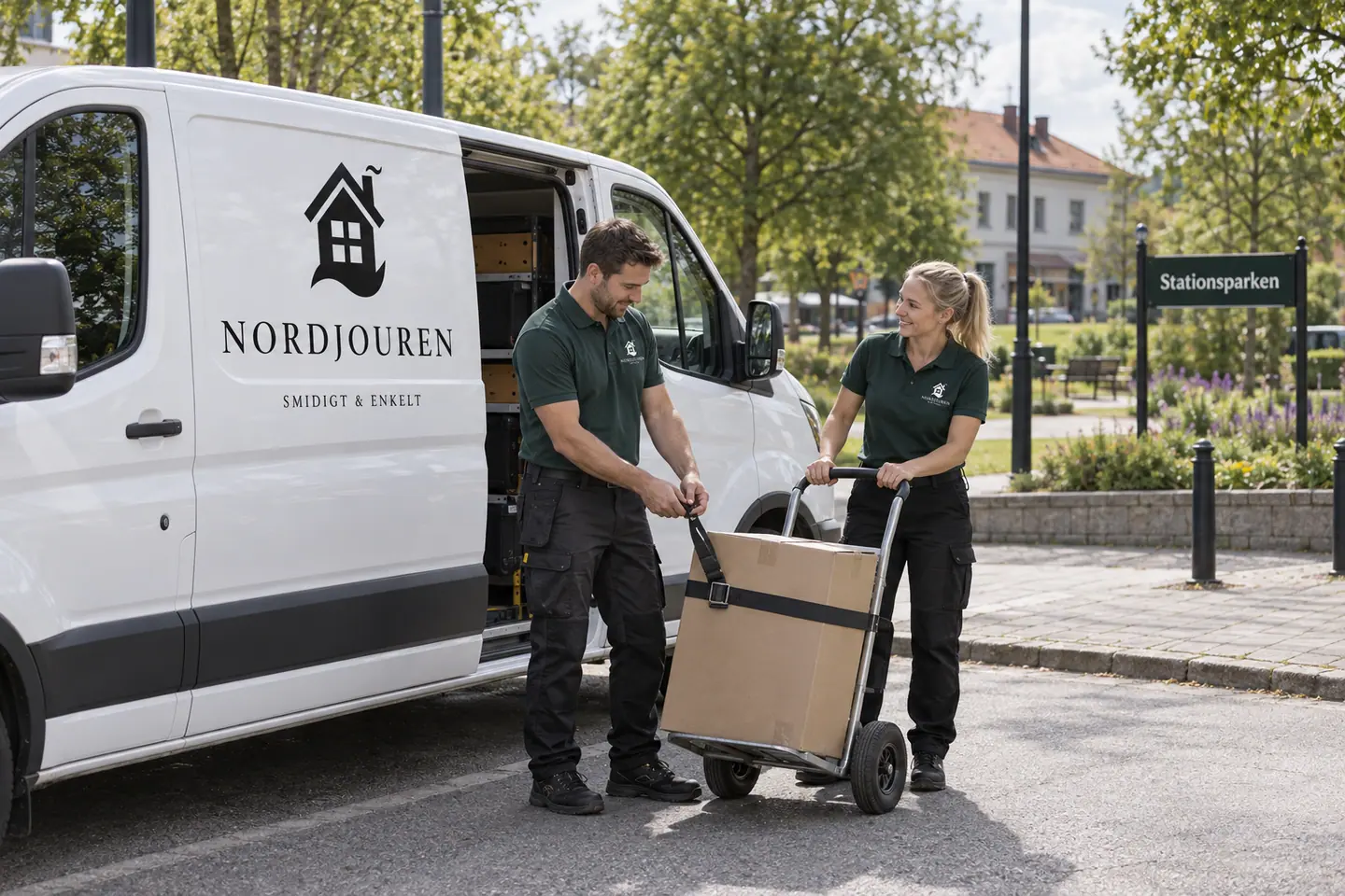 Illustration: Nordjourens bil och personal i Kinna, rättaregårdsgatan vid stationsparken