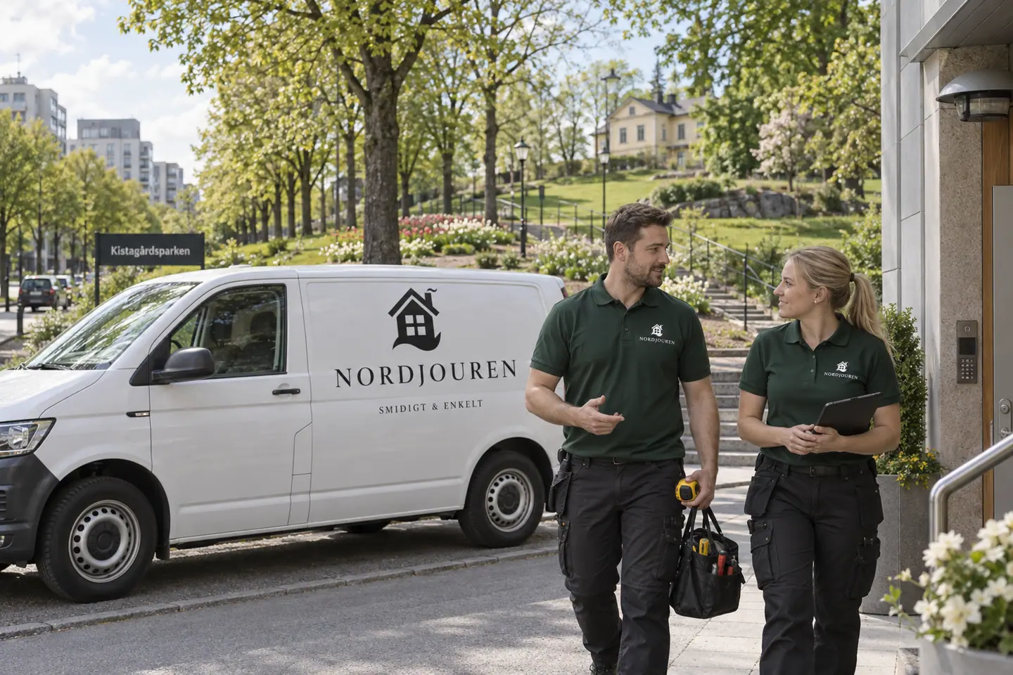 Illustration: Nordjourens bil och personal i Kista, gata utanför kistagårdsparken
