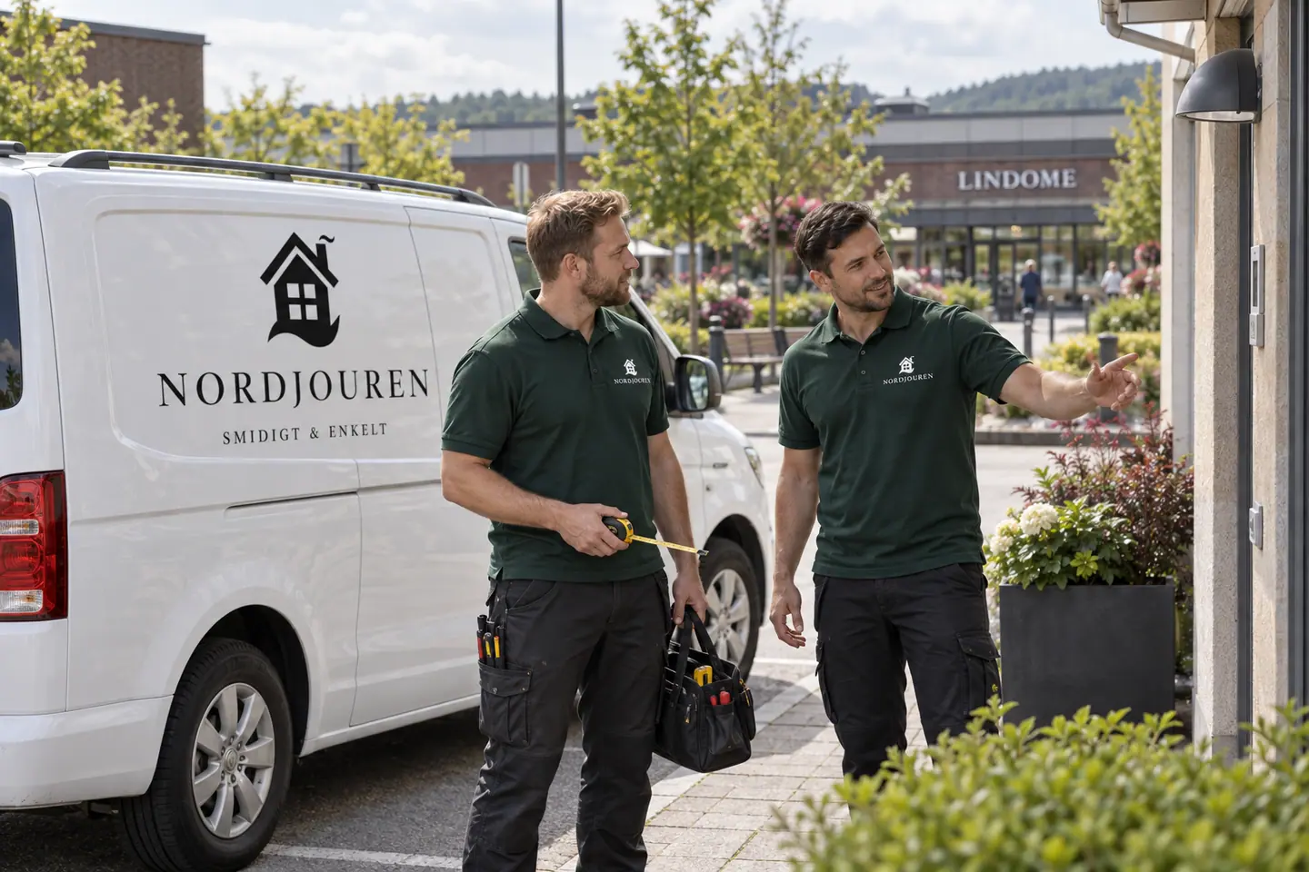 Illustration: Nordjourens bil och personal i Lindome, bilväg vid lindome centrums ytterkant
