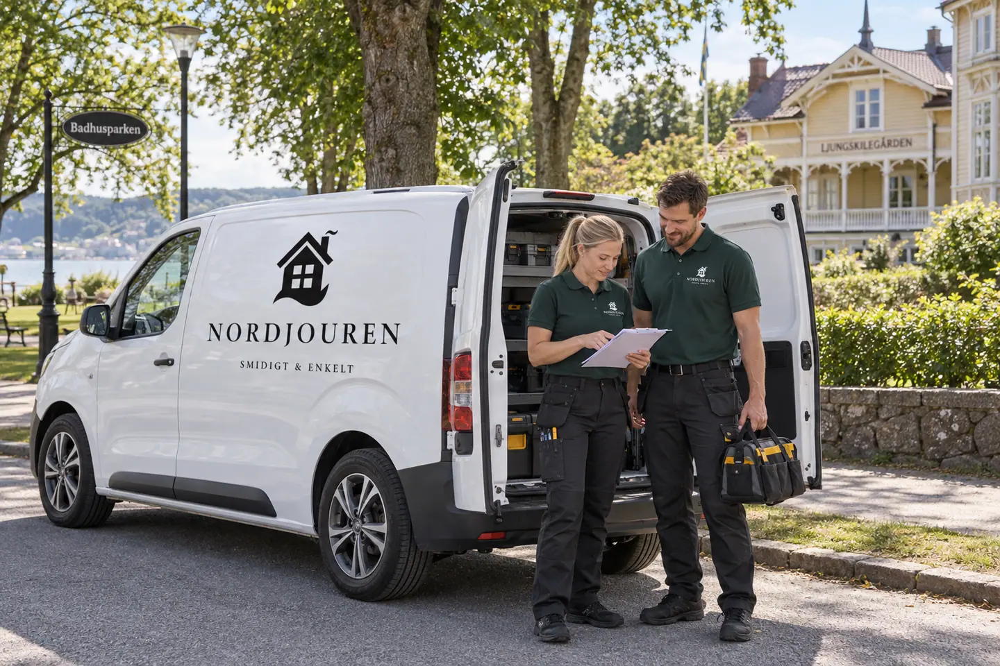 Illustration: Nordjourens bil och personal i Ljungskile, gata utanför badhusparken i ljungskile