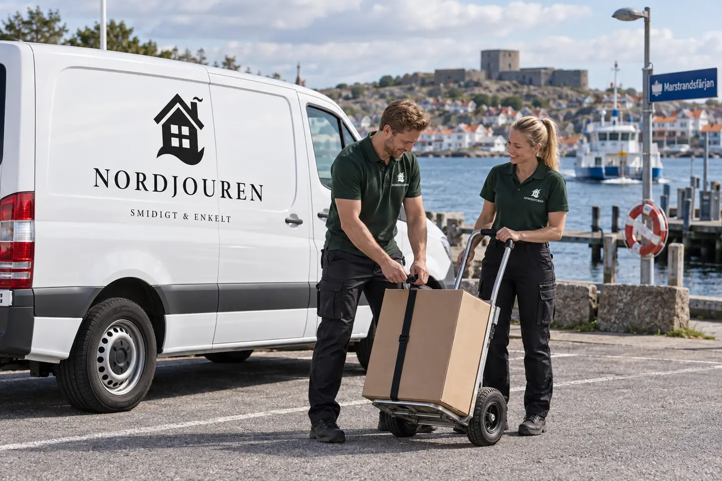 Illustration: Nordjourens bil och personal i Koön, Marstrand, koöns bilsida nära marstrandsfärjan