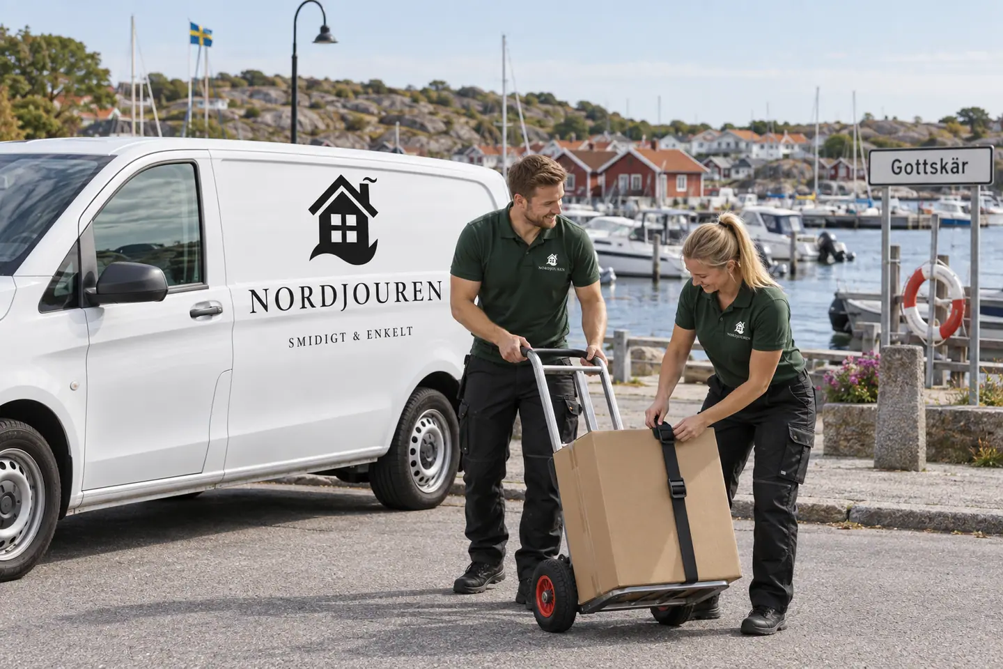 Illustration: Nordjourens bil och personal i Gottskär, Onsala, gottskärsvägen vid hamnen