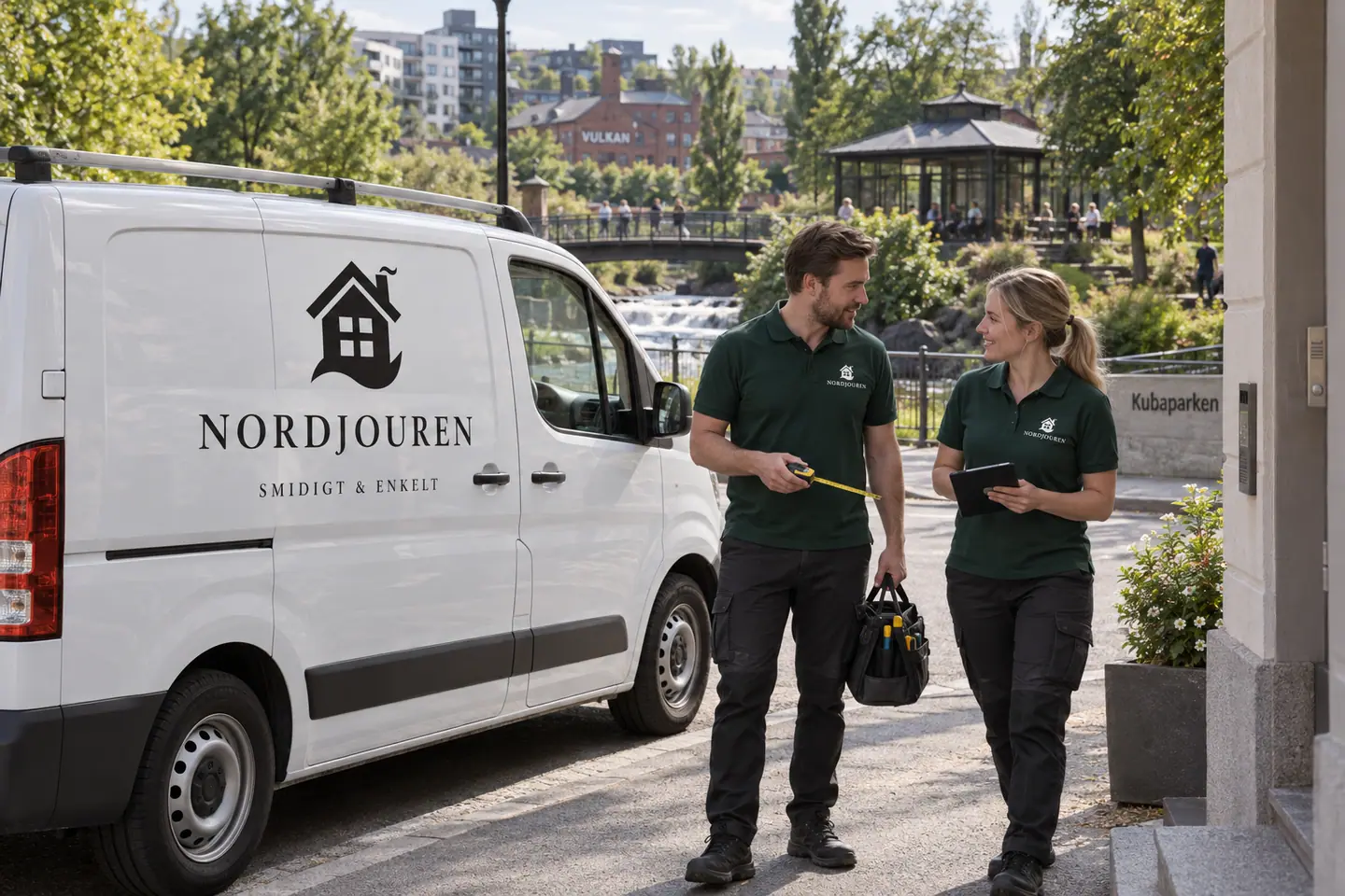 Illustration: Nordjourens bil och personal i Oslo, gatumiljö utanför kubaparken vid akerselva