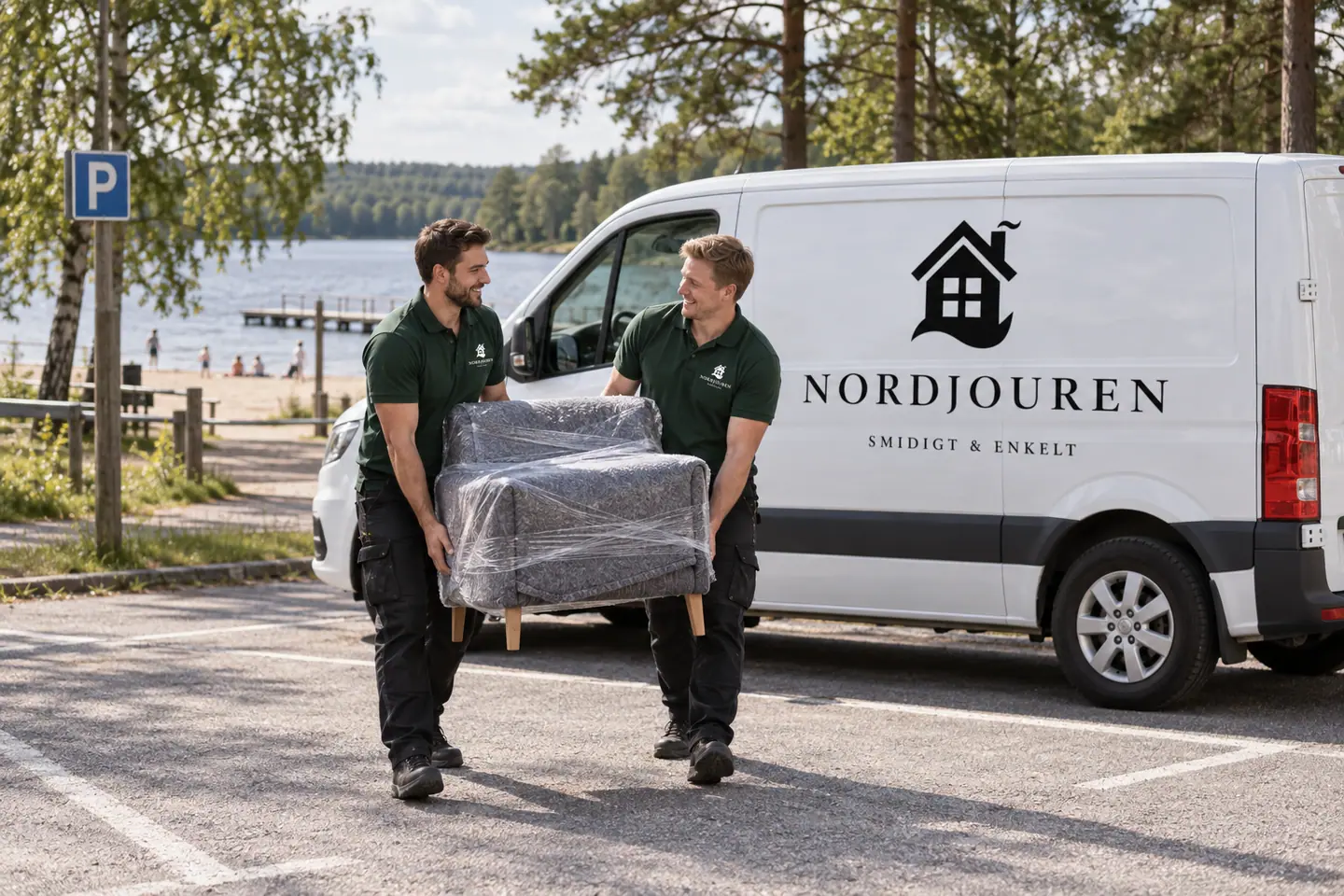 Illustration: Nordjourens bil och personal i Sandared, yttre parkering nära sandareds badplats