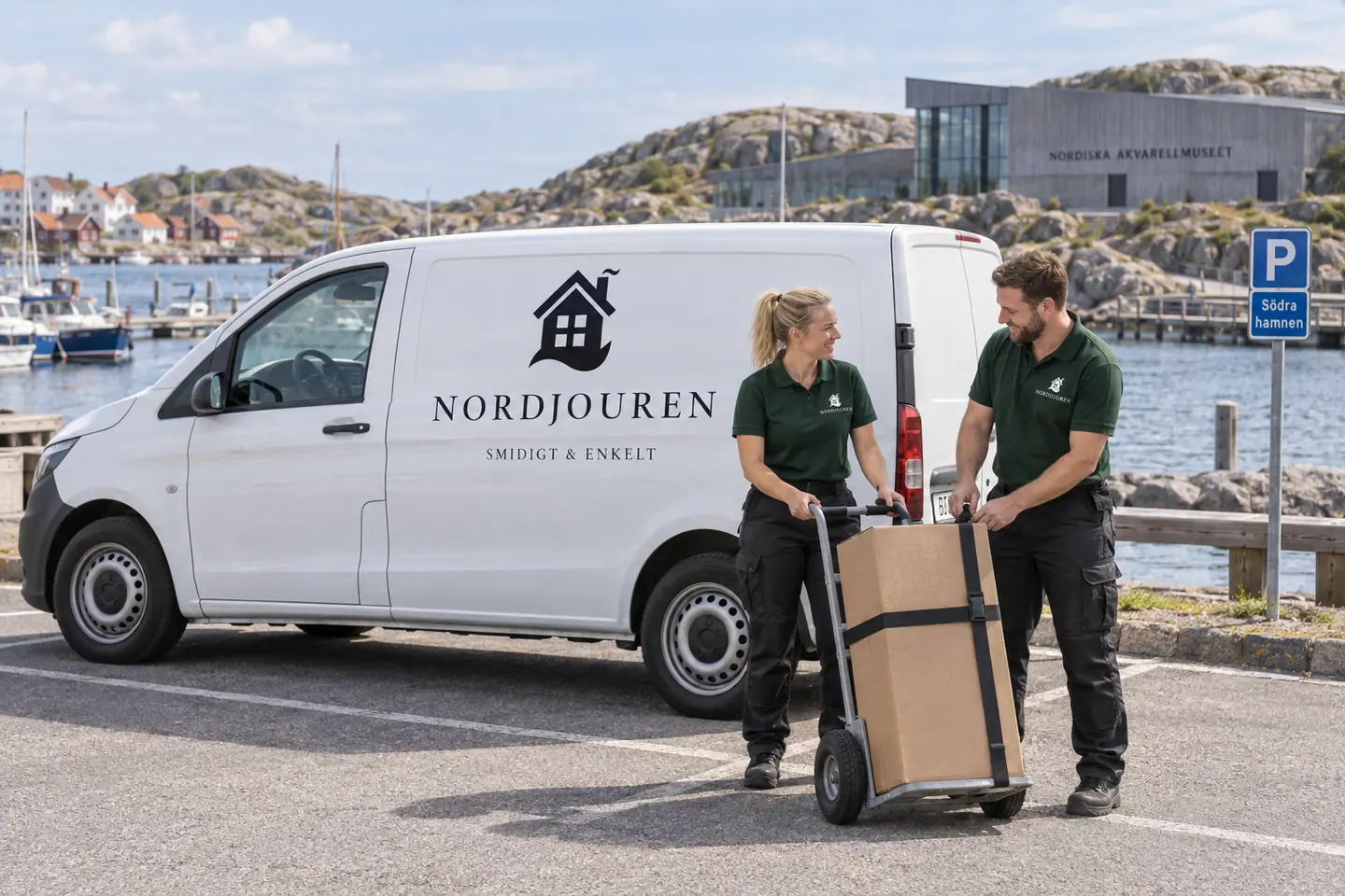 Illustration: Nordjourens bil och personal i Skärhamn, södra hamnens parkering i skärhamn