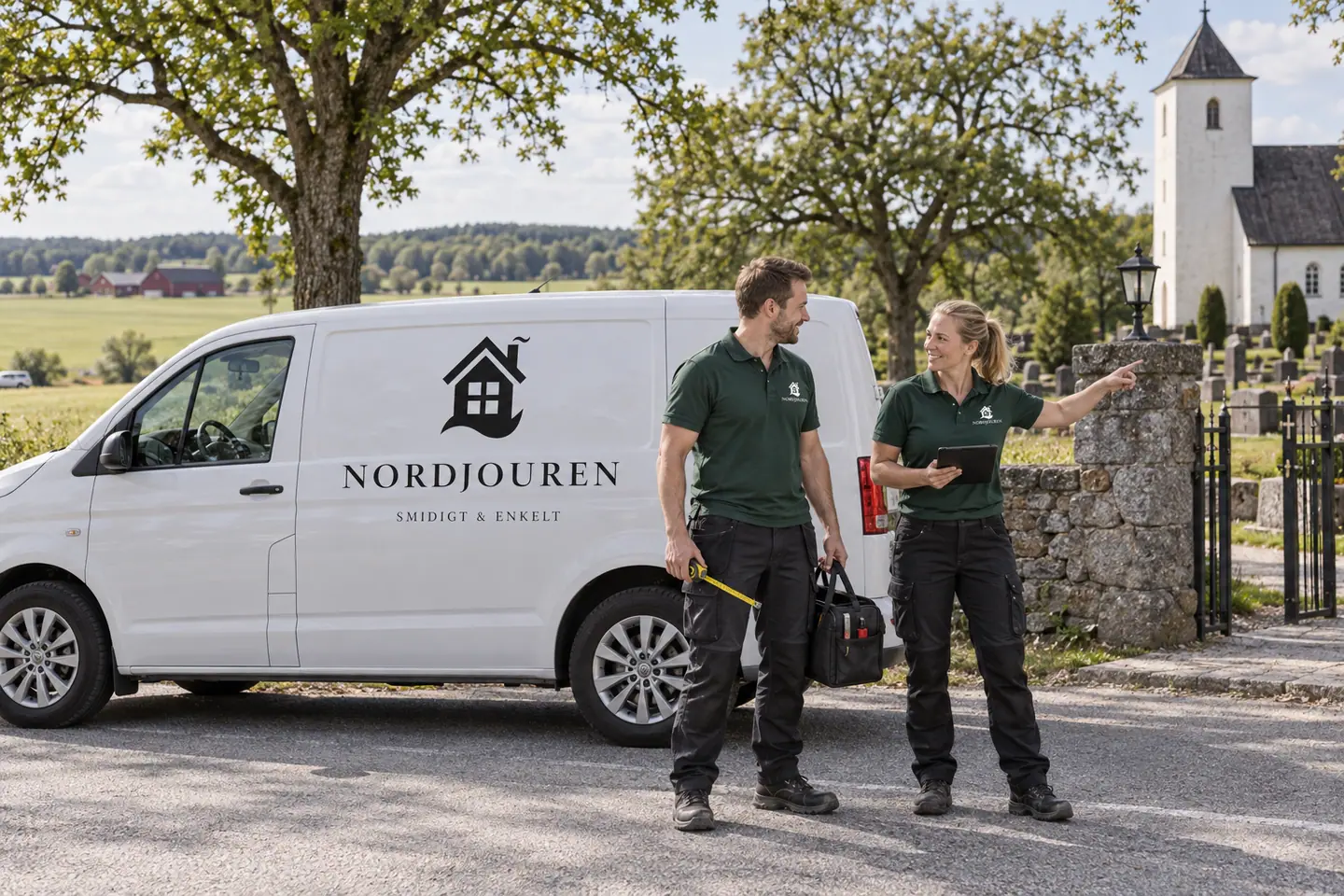Illustration: Nordjourens bil och personal i Skee, bilväg utanför skees kyrkomiljö