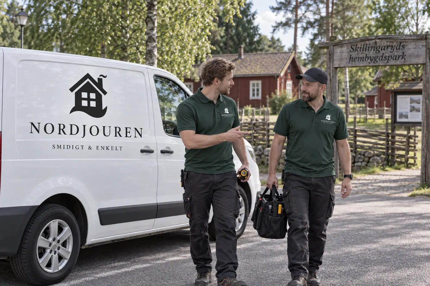Illustration: Nordjourens bil och personal i Skillingaryd, bilväg utanför skillingaryds hembygdspark