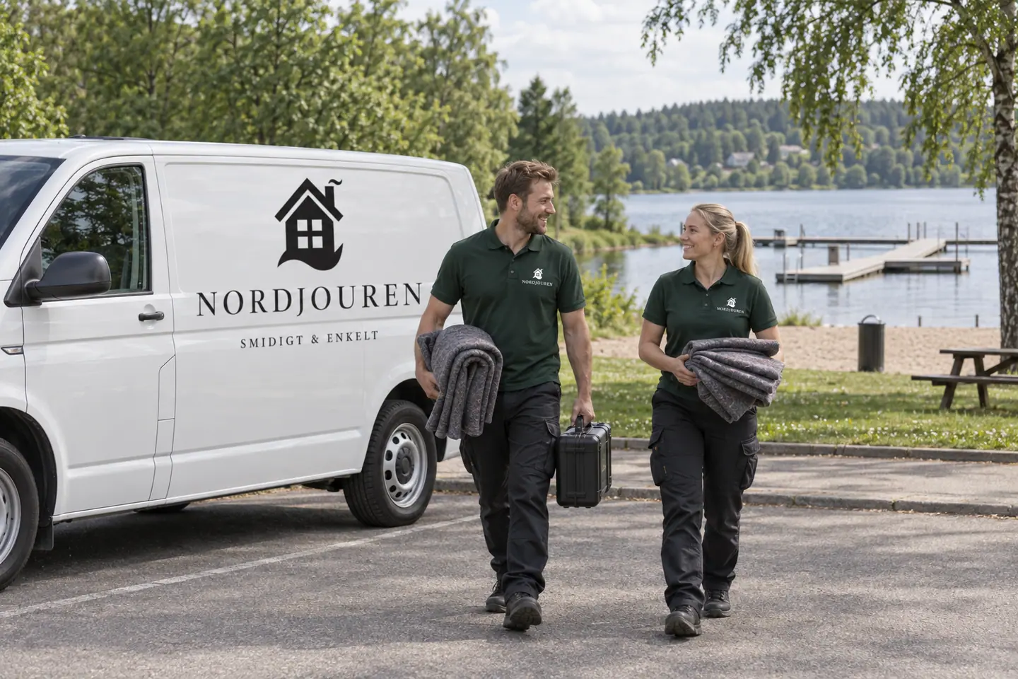 Illustration: Nordjourens bil och personal i Skultorp, bilväg nära sjötorpssjön i skultorp