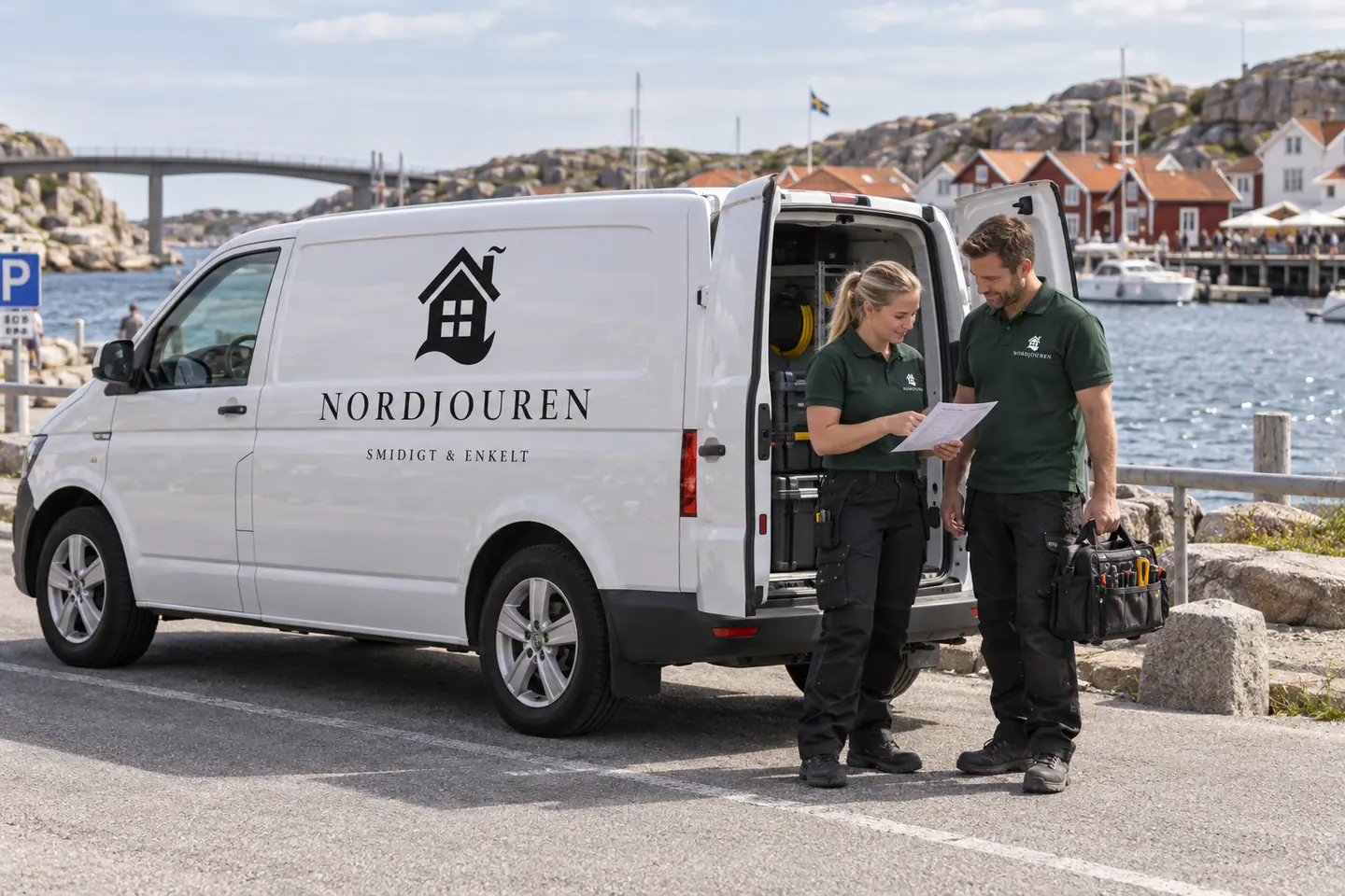 Illustration: Nordjourens bil och personal i Smögen, smögens äldre hamnmiljö från bilsidan
