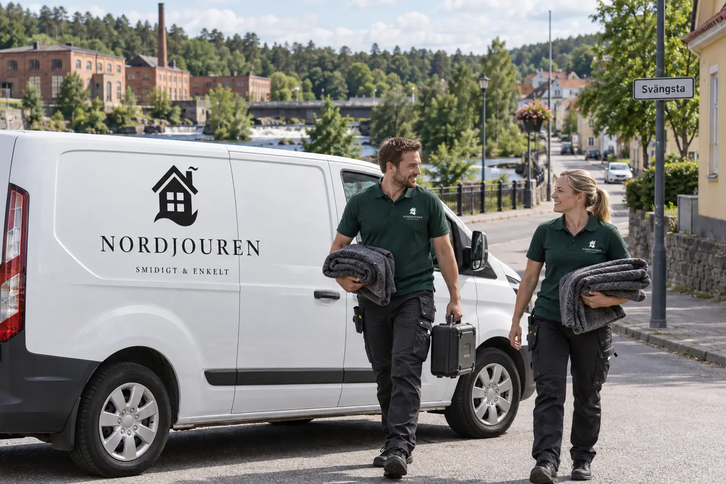Illustration: Nordjourens bil och personal i Svängsta, gatumiljö på mörrumsåns östra sida