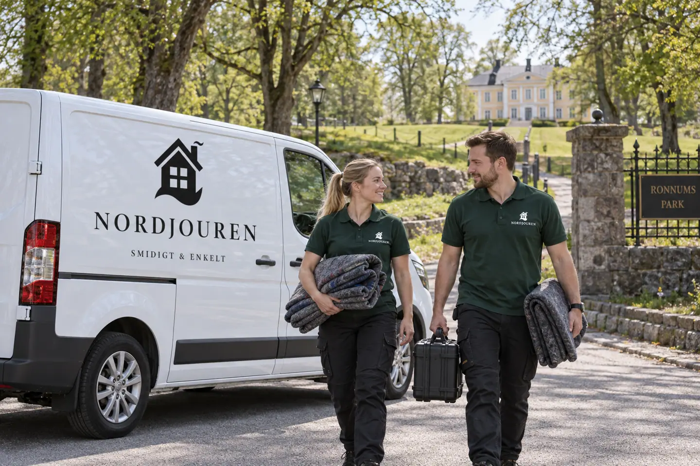 Illustration: Nordjourens bil och personal i Vargön, gata utanför ronnums herrgårdspark
