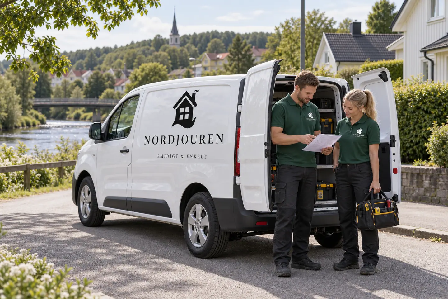 Illustration: Nordjourens bil och personal i Veddige, bostadsgata nära viskan i veddige