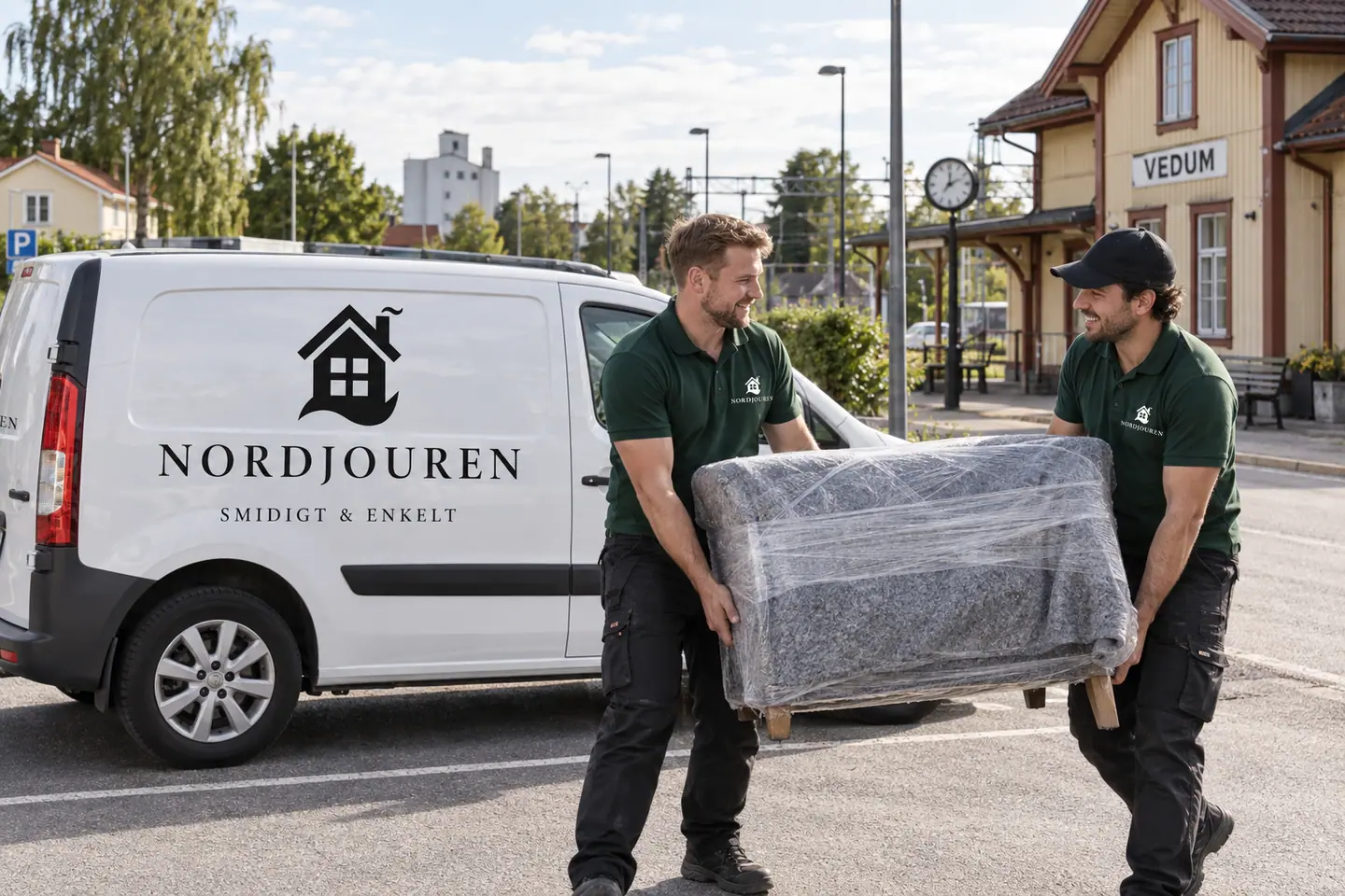Illustration: Nordjourens bil och personal i Vedum, gatumiljö vid vedums station