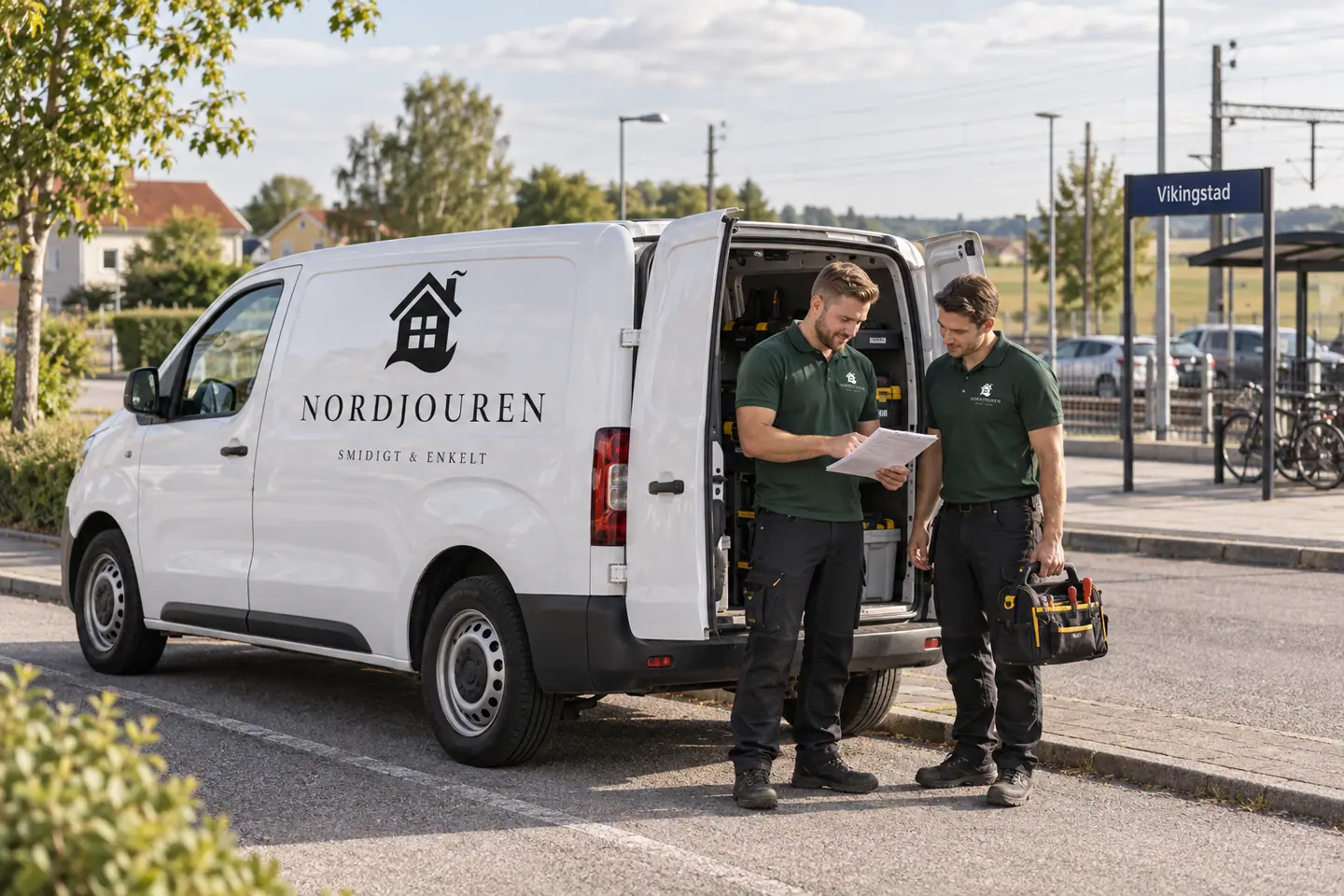 Illustration: Nordjourens bil och personal i Vikingstad, gatumiljö vid vikingstads stationsområde