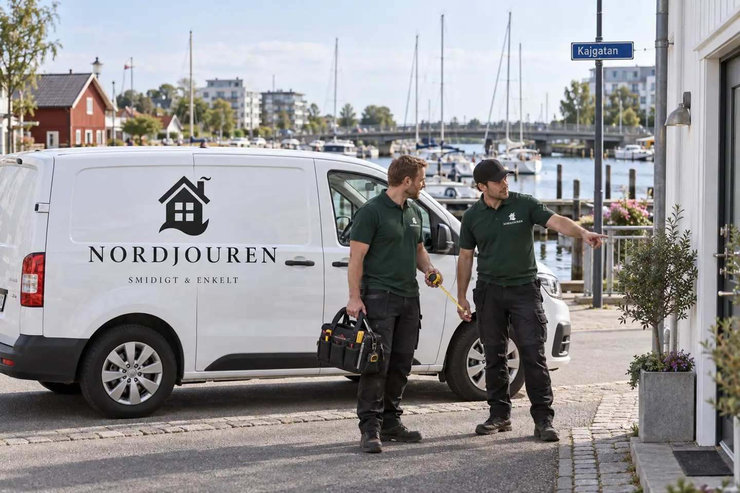 Illustration: Nordjourens bil och personal i Lomma, kajgatan vid lomma hamn