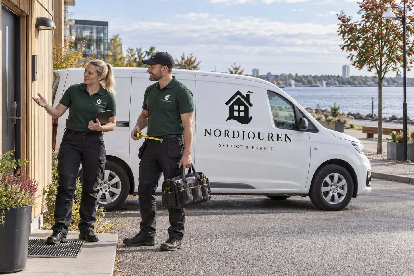 Illustration: Nordjourens bil och personal i Luleå, bilväg på landsidan av norra hamnpromenaden