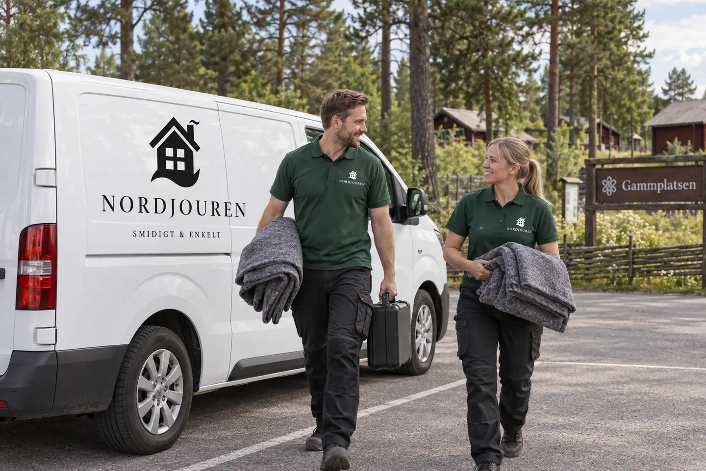 Illustration: Nordjourens bil och personal i Lycksele, parkeringen vid gammplatsens friluftsområde