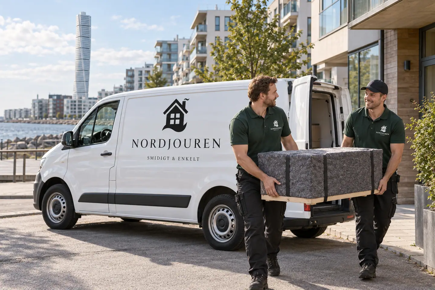 Illustration: Nordjourens bil och personal i Malmö, västra hamnen nära sundspromenaden