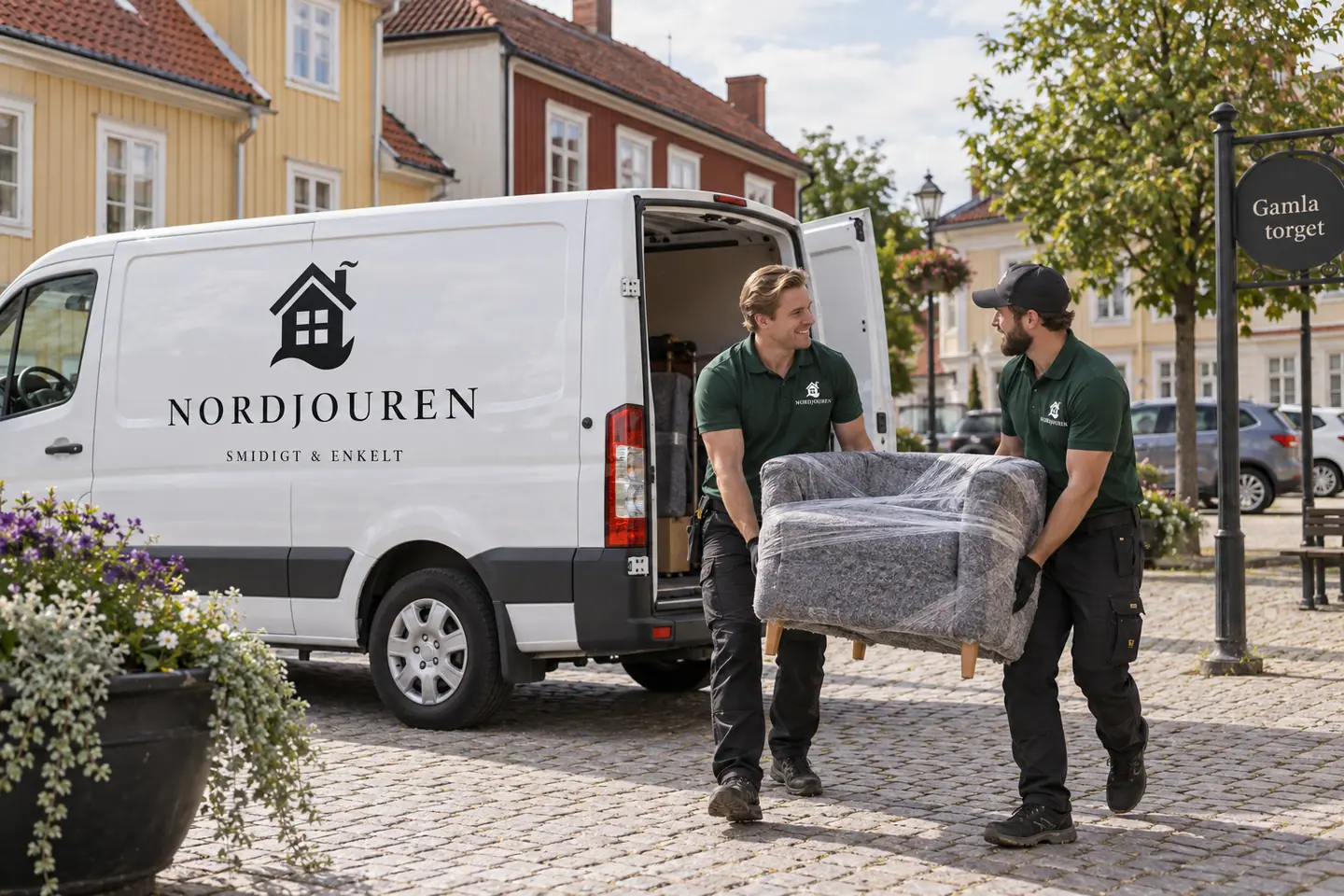 Illustration: Nordjourens bil och personal i Mariestad, gamla torget i gamla stan