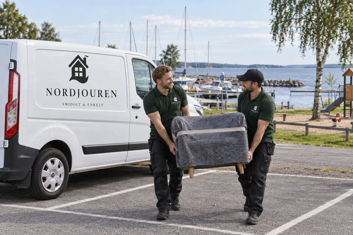 Illustration: Nordjourens bil och personal i Sunnanå hamn vid Mellerud, parkeringen vid sunnanå hamns södra del