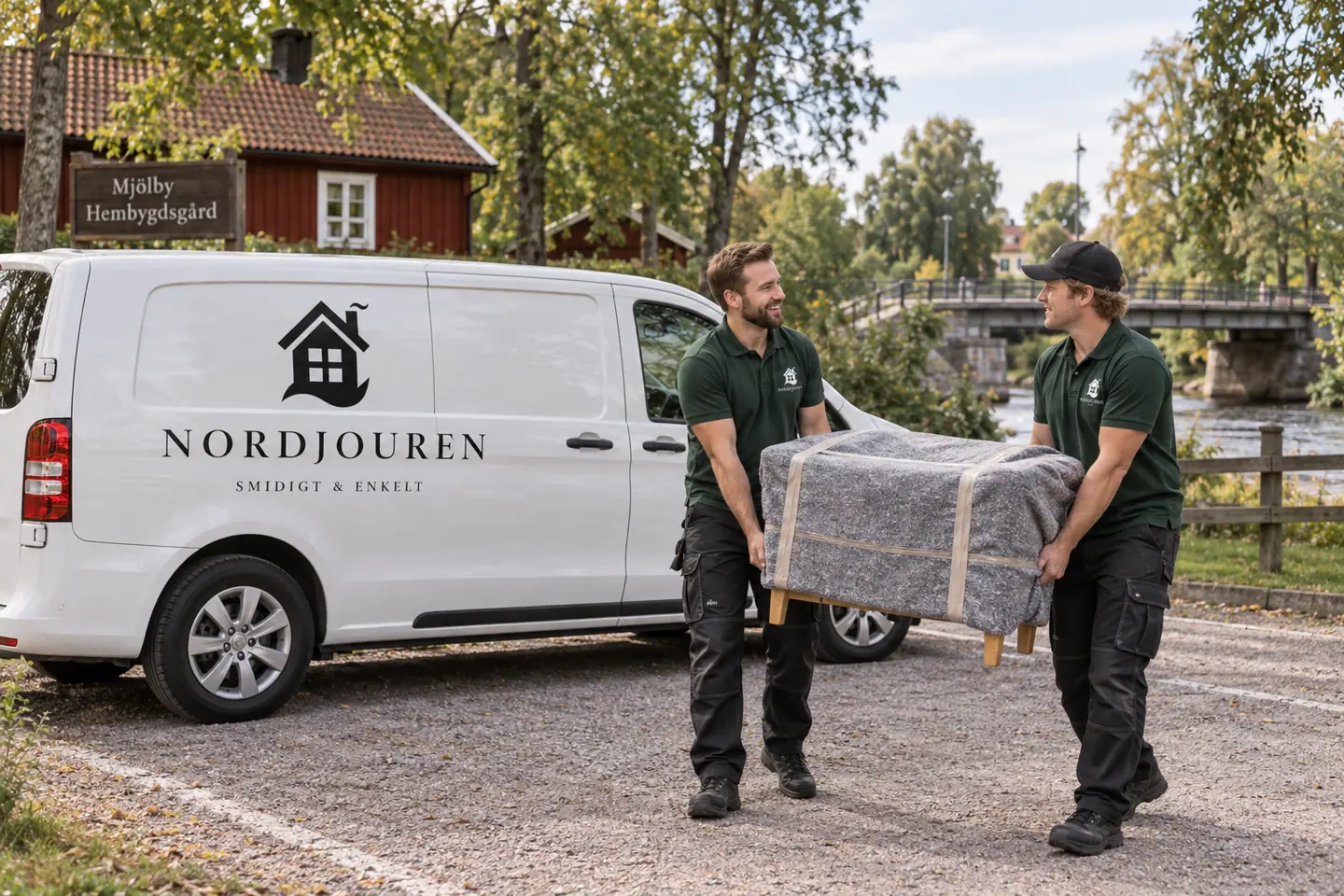 Illustration: Nordjourens bil och personal i Mjölby, parkeringen vid hembygdsgården och svartån