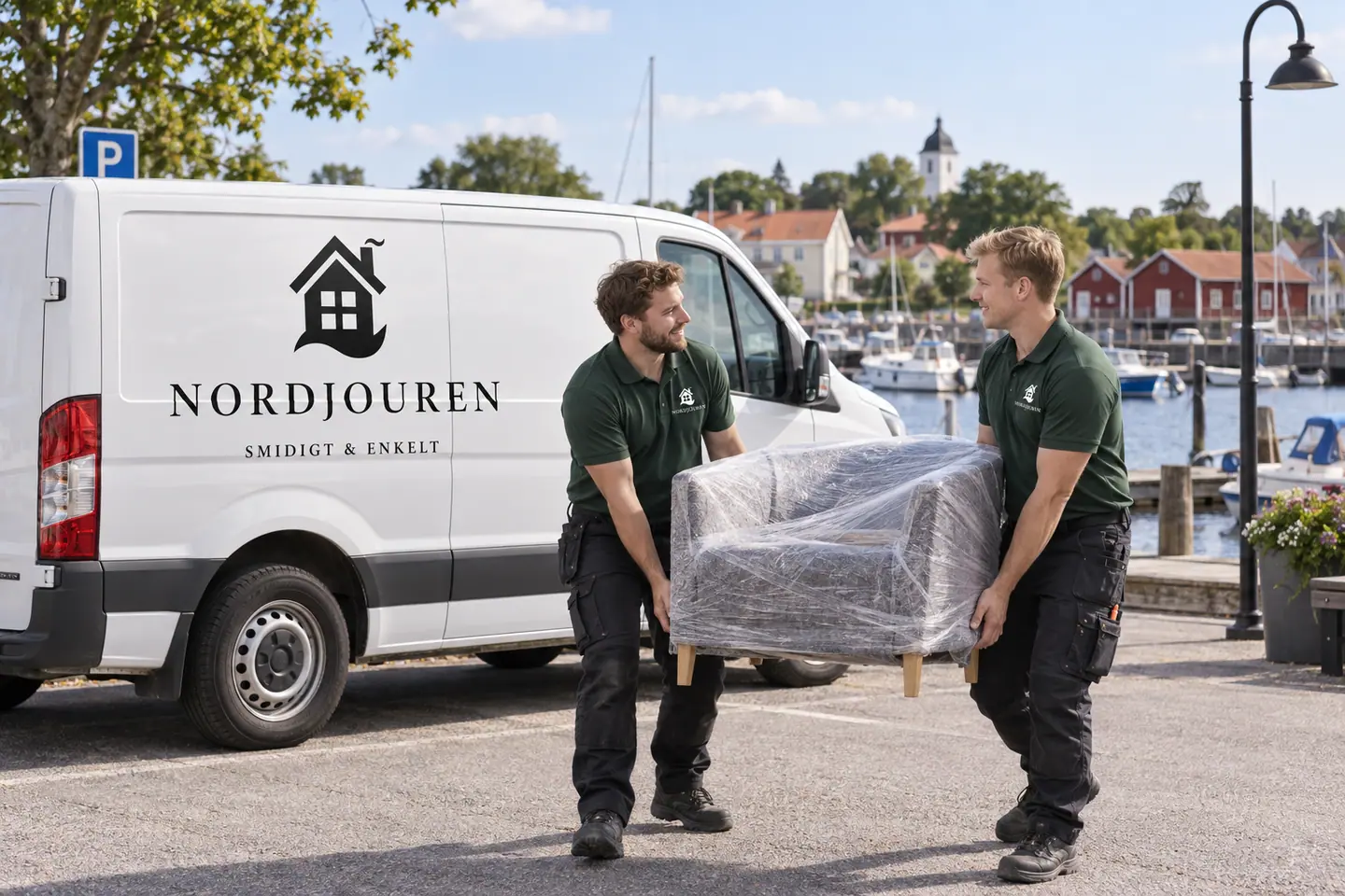 Illustration: Nordjourens bil och personal i Mönsterås, landsidan vid inre hamnens södra kaj