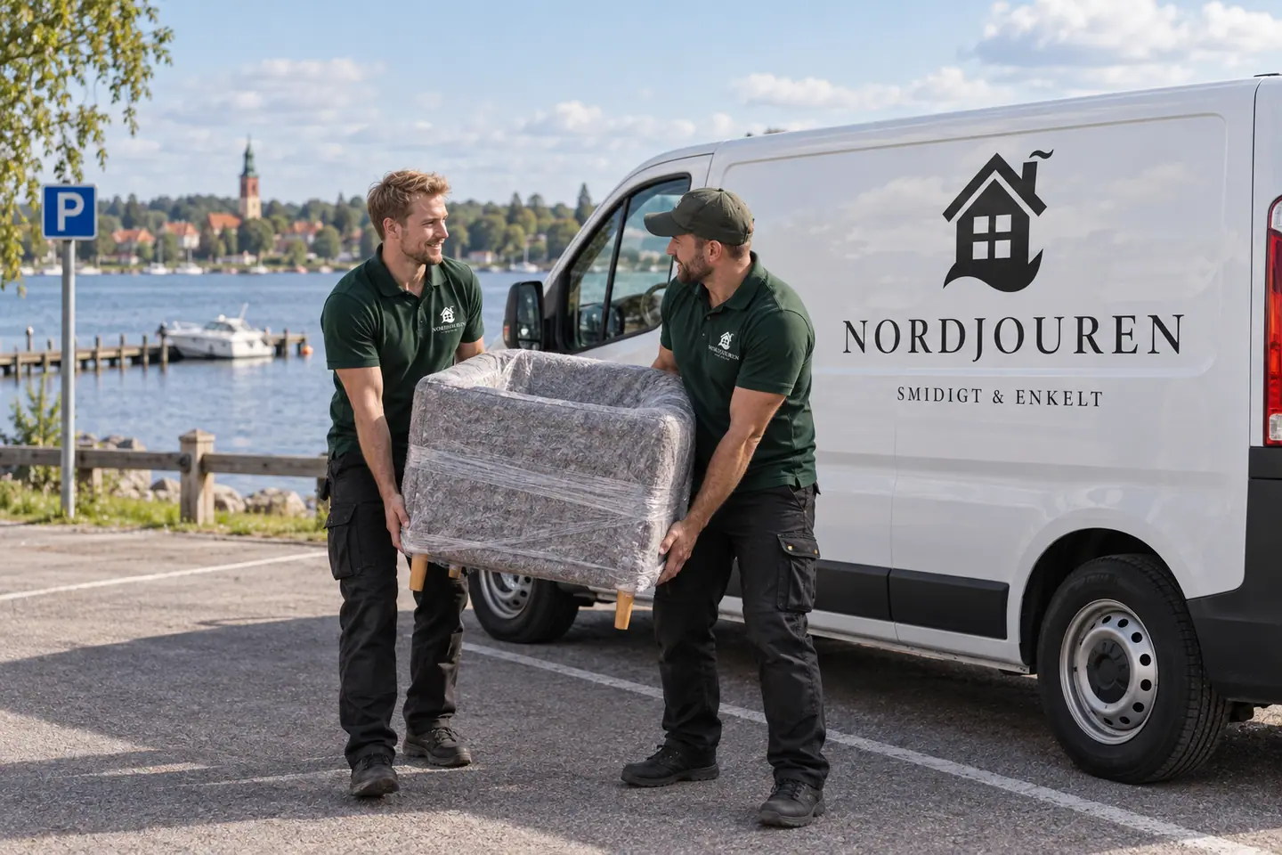 Illustration: Nordjourens bil och personal i Mora, kajenområdets omgivning vid saxviken