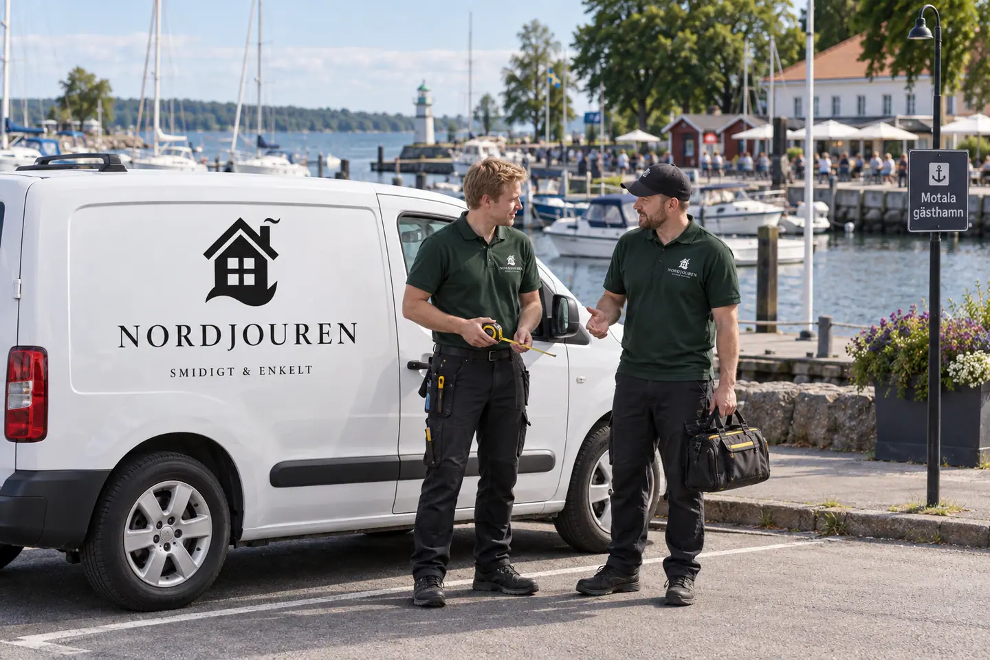 Illustration: Nordjourens bil och personal i Motala, tillfarten vid motala hamn