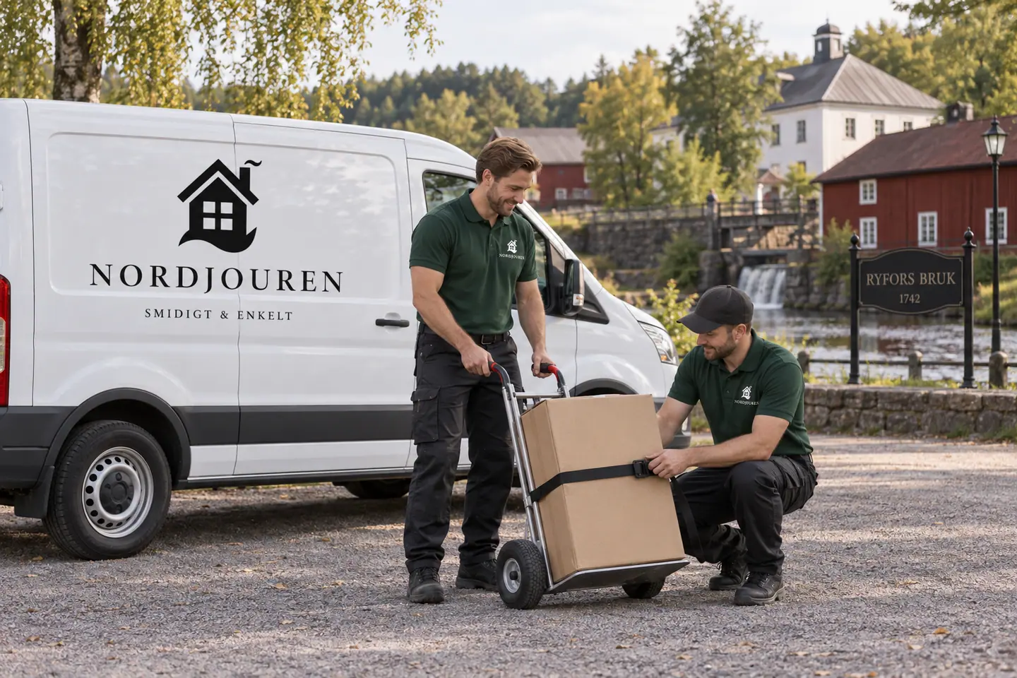 Illustration: Nordjourens bil och personal i Ryfors, tillfarten till ryfors bruk