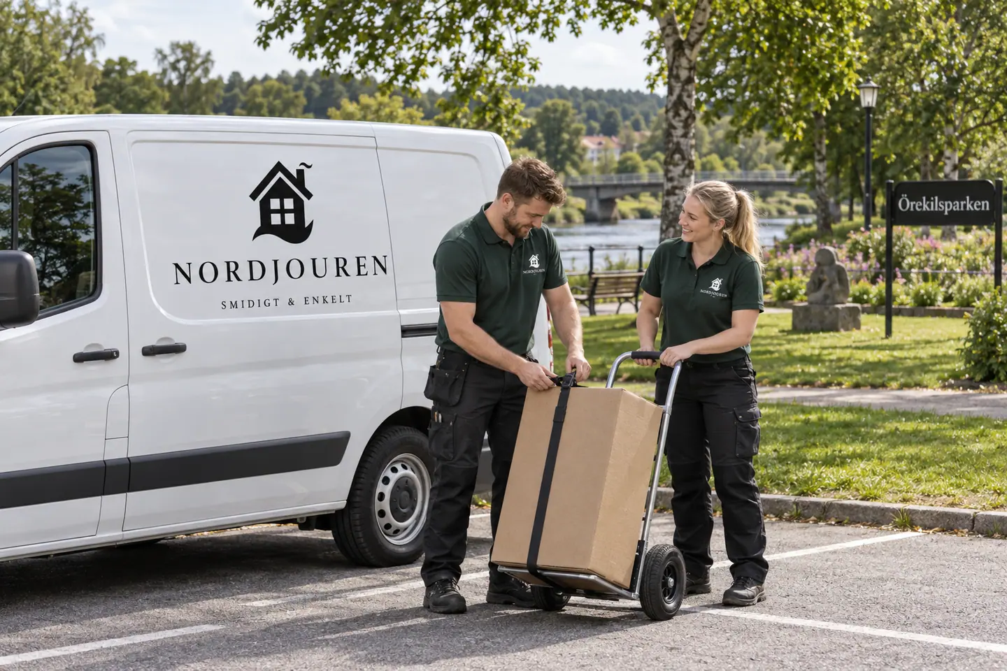 Illustration: Nordjourens bil och personal i Munkedal, gatumiljön vid örekilsparken