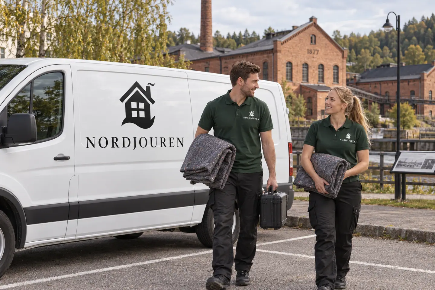 Illustration: Nordjourens bil och personal i Munkfors, gatumiljön intill gamla bruket