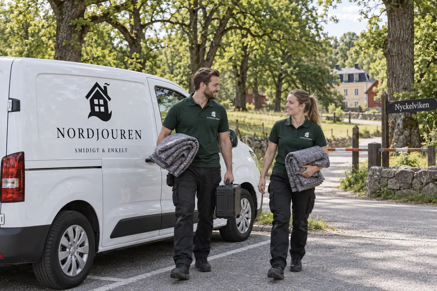 Illustration: Nordjourens bil och personal i Nyckelviken på Sicklaön, parkeringen längs nyckelviksvägen