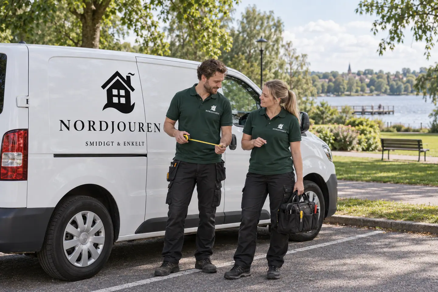 Illustration: Nordjourens bil och personal i Nässjö, gatumiljön vid stadsparken och ingsbergssjön