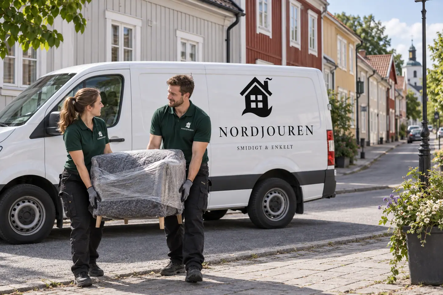 Illustration: Nordjourens bil och personal i Nora, rådstugugatan i trästadens södra kvarter