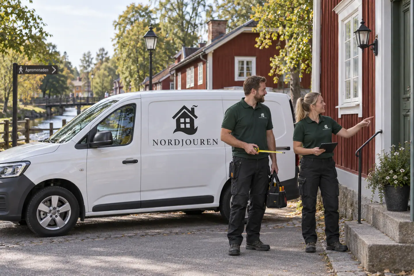 Illustration: Nordjourens bil och personal i Norberg, gatumiljön vid gamla norberg