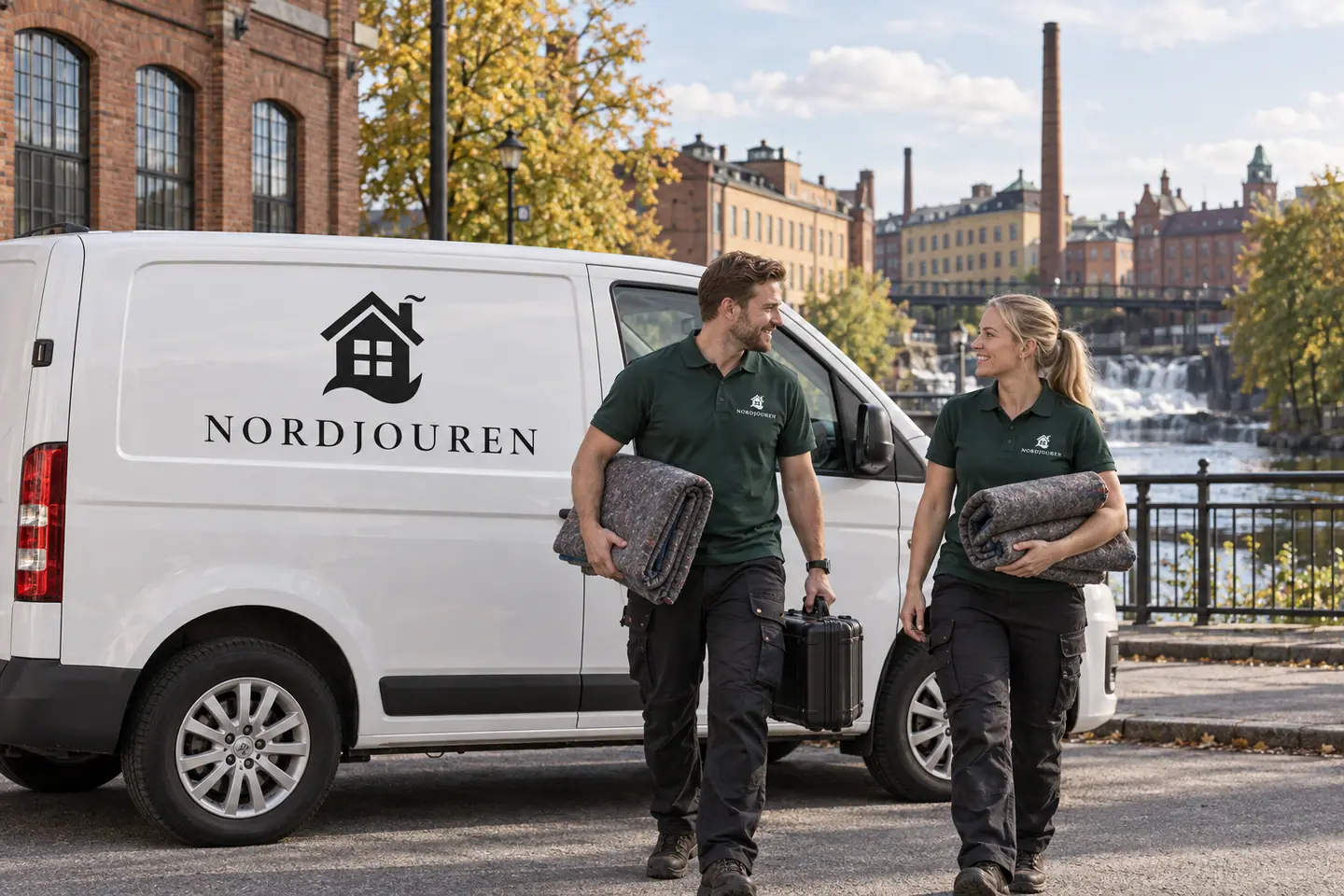 Illustration: Nordjourens bil och personal i Norrköping, gatumiljön vid industrilandskapet