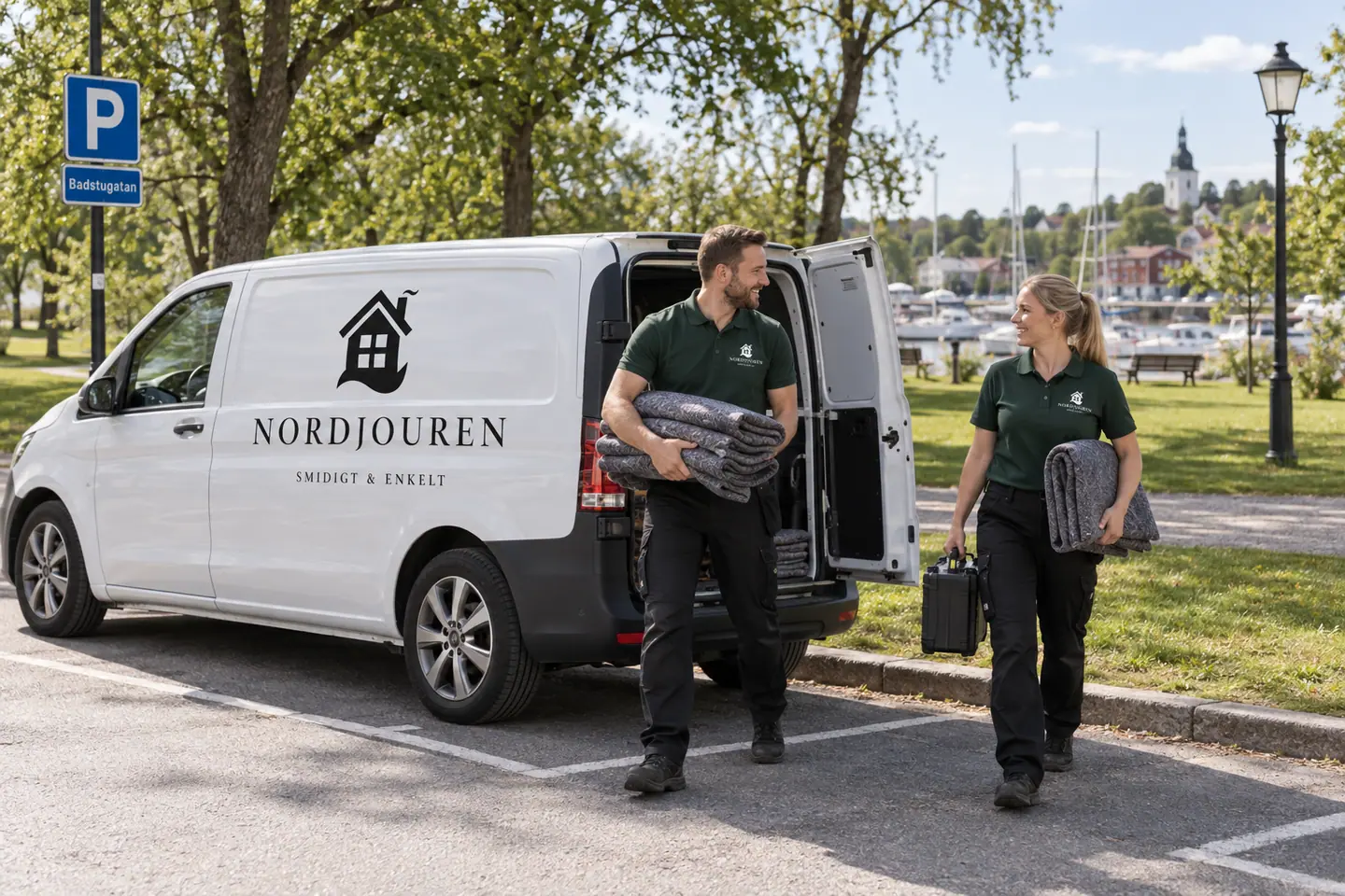 Illustration: Nordjourens bil och personal i Norrtälje, badstugatan vid societetsparken
