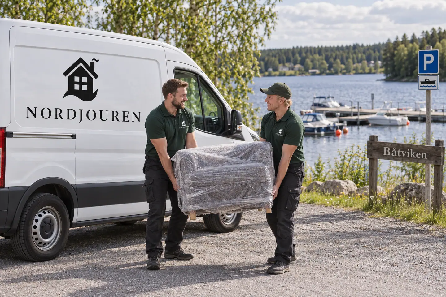 Illustration: Nordjourens bil och personal i Norsjö, tillfarten till båtviken vid norsjön