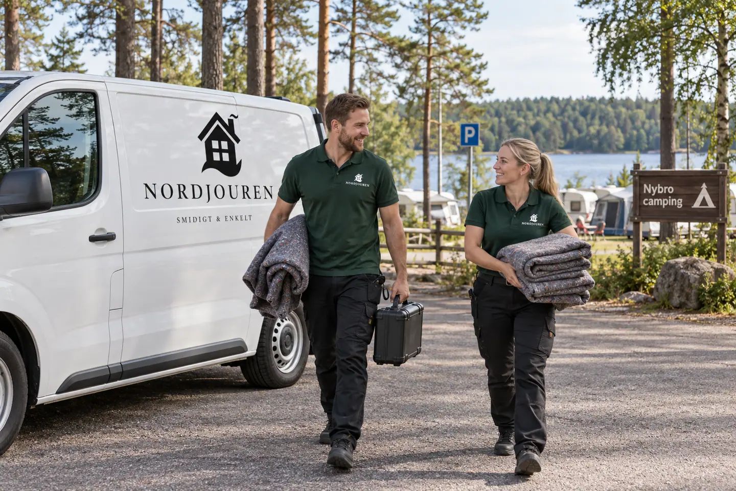 Illustration: Nordjourens bil och personal i Nybro, tillfarten vid joelskogen och linnéasjön