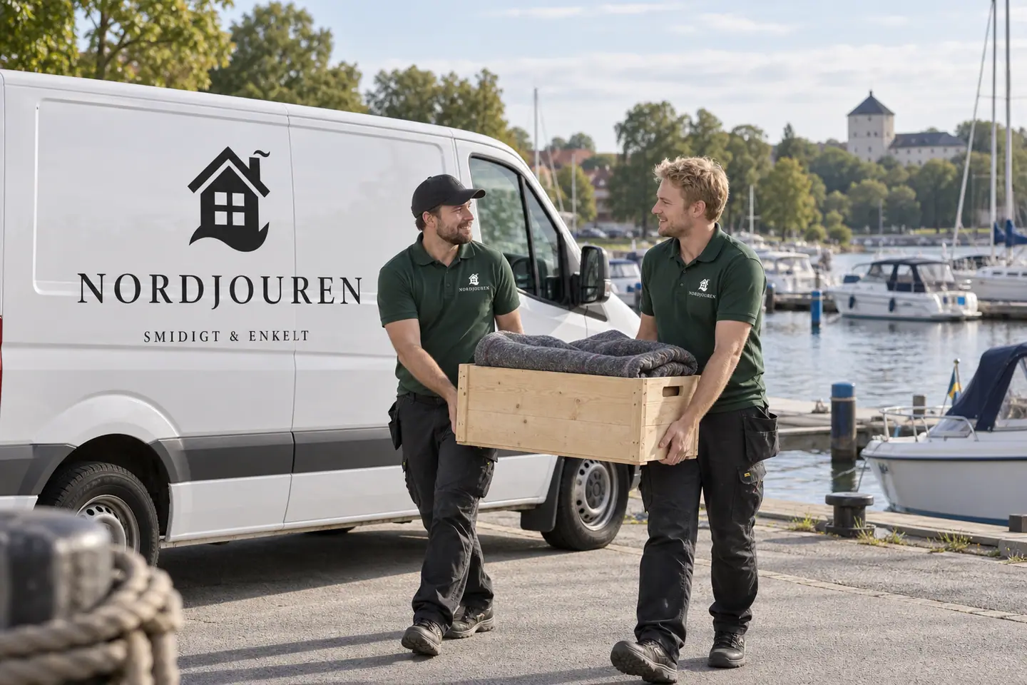Illustration: Nordjourens bil och personal i Nyköping, nyköpings hamn vid åmynningen
