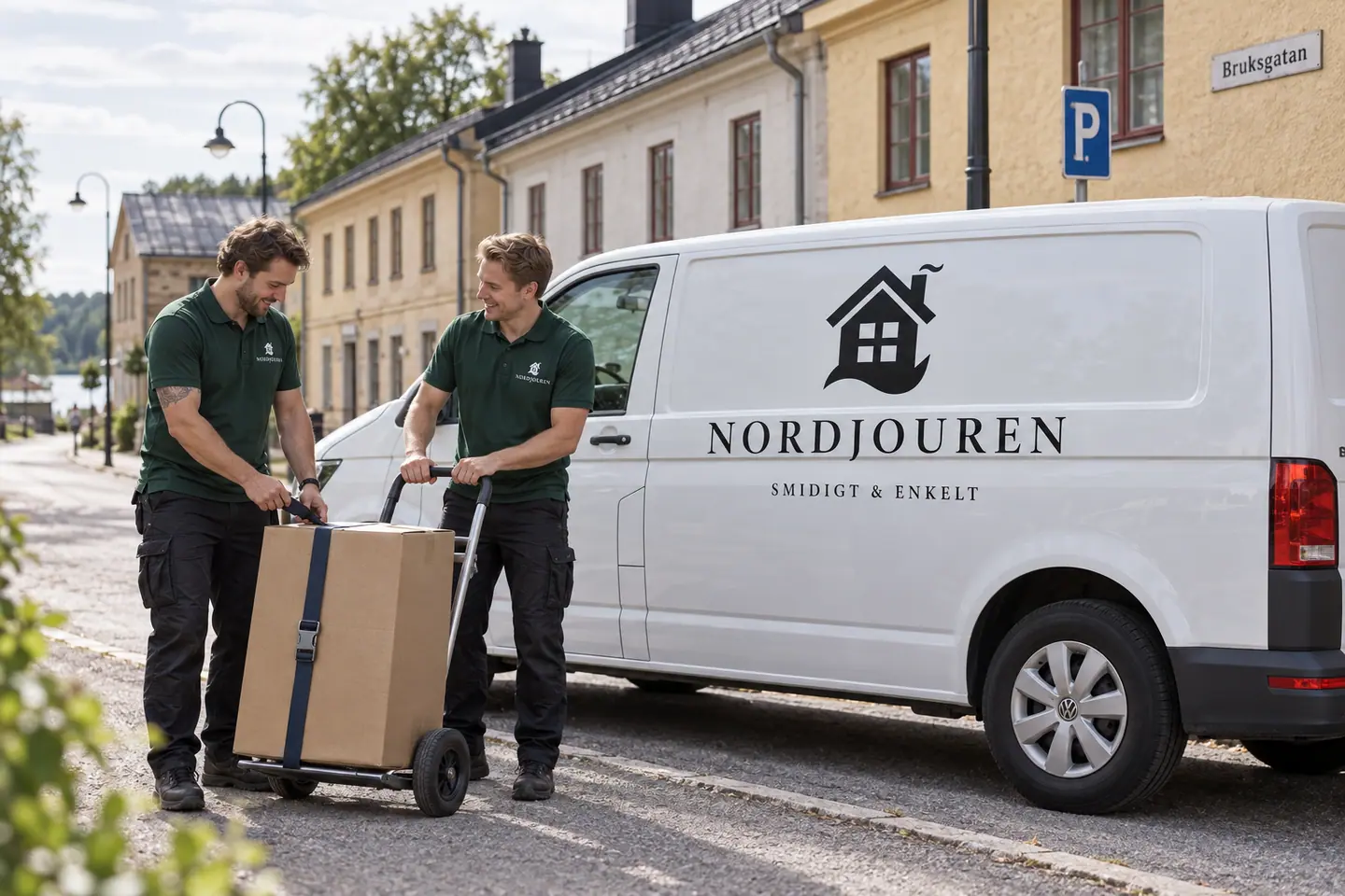Illustration: Nordjourens bil och personal i Nykvarn, bruksgatans äldre bebyggelse