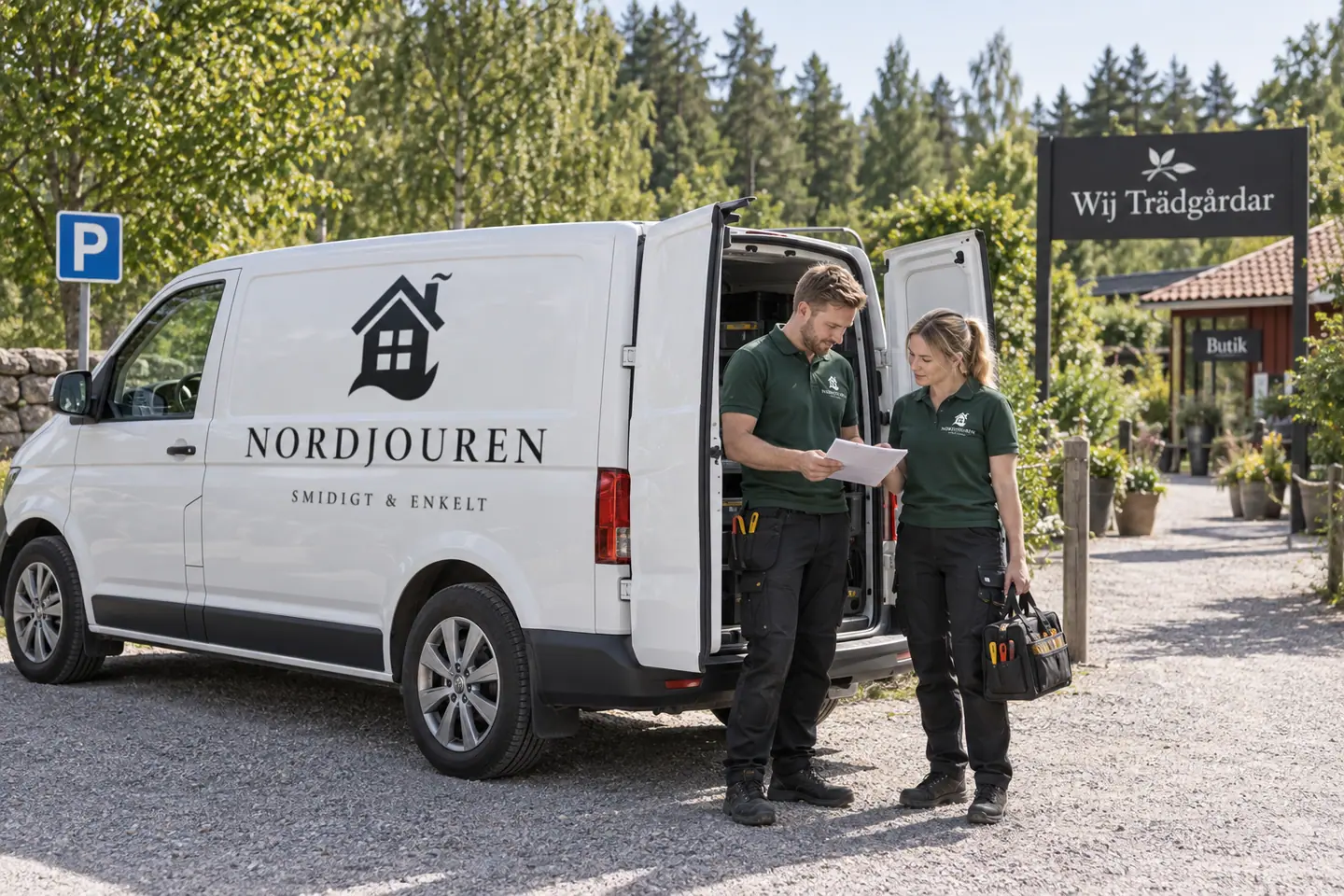 Illustration: Nordjourens bil och personal i Ockelbo, tillfarten vid wij trädgårdar