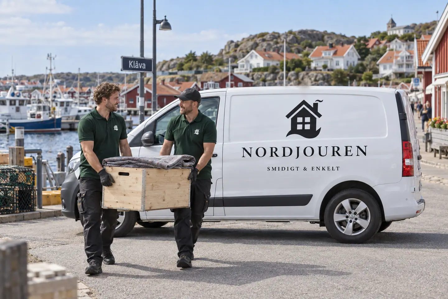 Illustration: Nordjourens bil och personal i Hönö, klåva hamns land- och gatusida