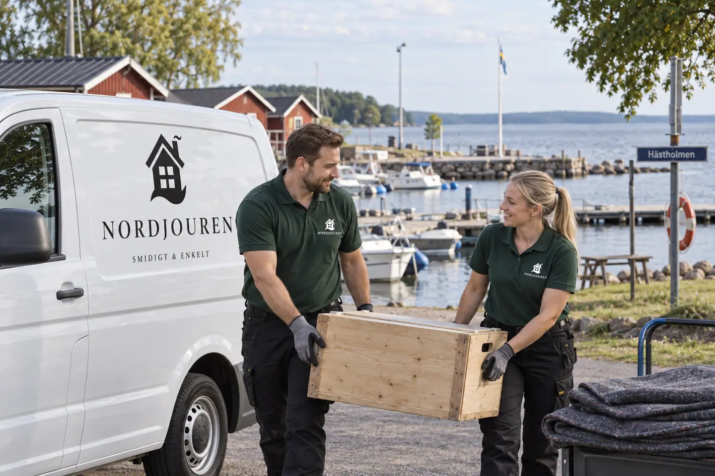 Illustration: Nordjourens bil och personal i Hästholmen, hästholmens hamn vid vättern