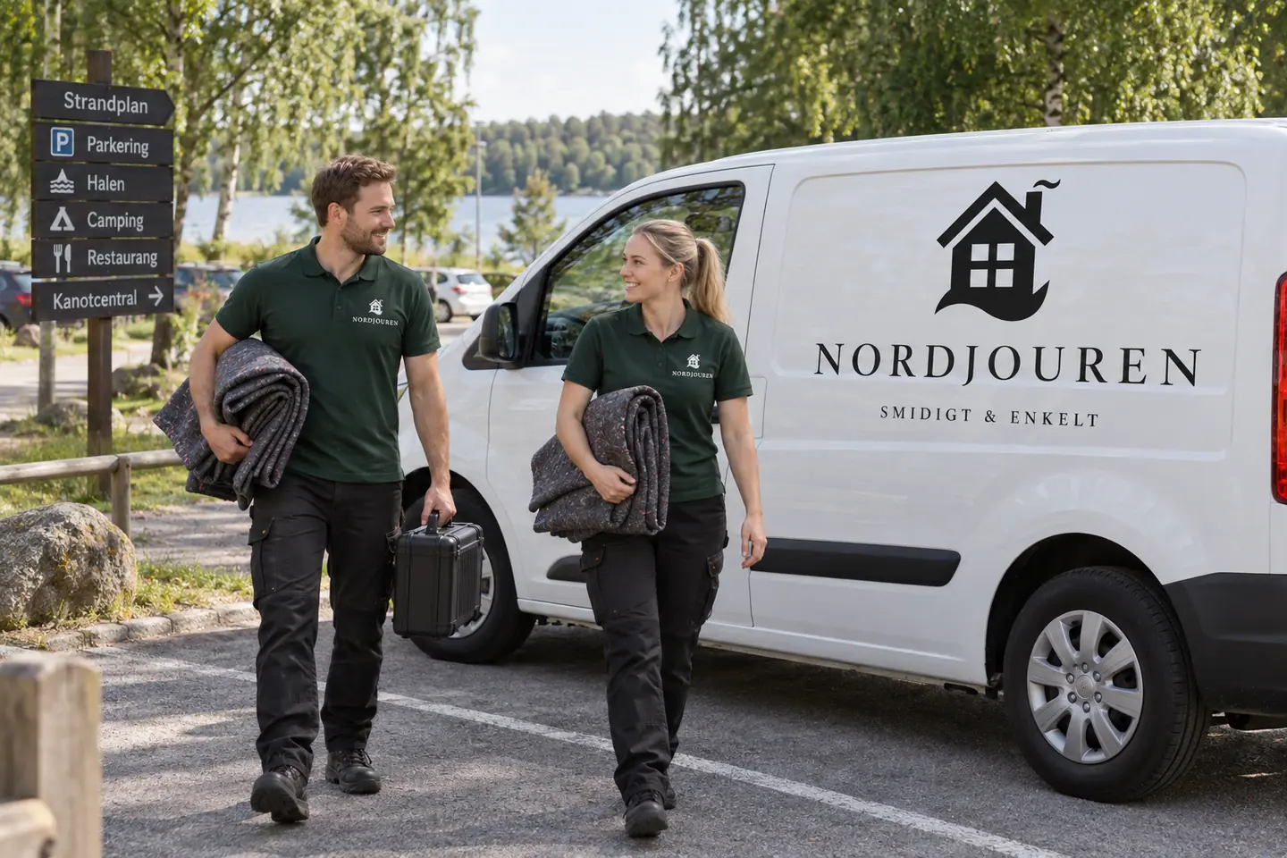 Illustration: Nordjourens bil och personal i Olofström, parkeringen vid strandplan nära halen