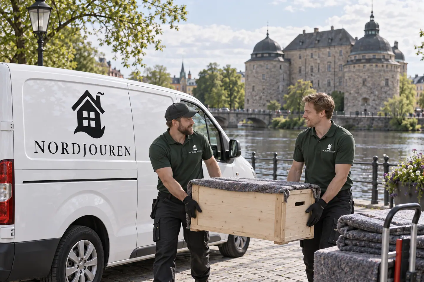 Illustration: Nordjourens bil och personal i Örebro, svartån och örebro slott